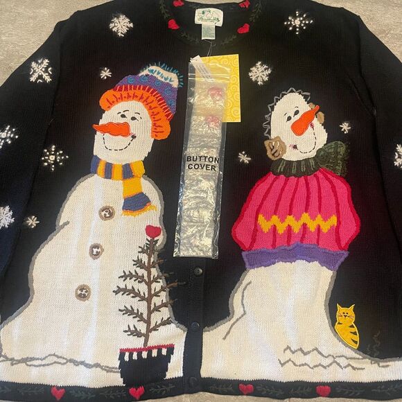 Vintage Quacker Factory 2X Snowman Cat Hearts Christmas Ugly Sweater Novelty Fun - Picture 1 of 6
